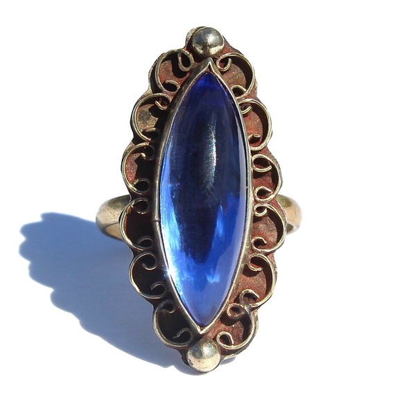 Vintage Mexican Blue Glass Alpaca Silver Ring 8 - Picture 1 of 6